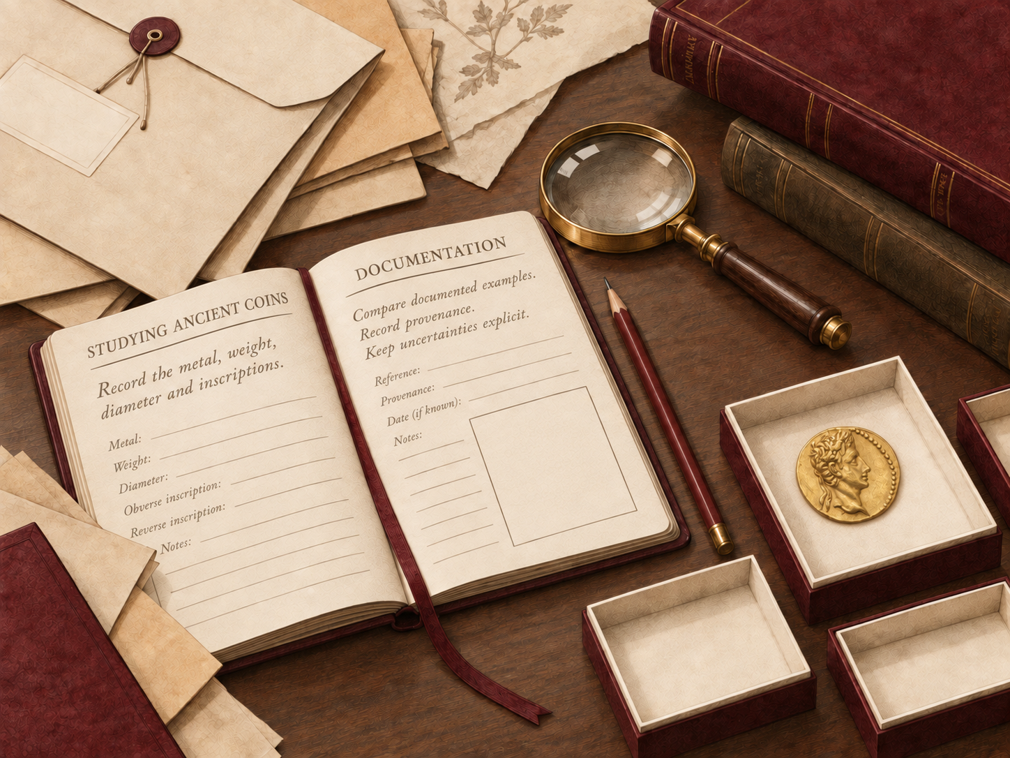 Editorial illustration of a collecting and research desk