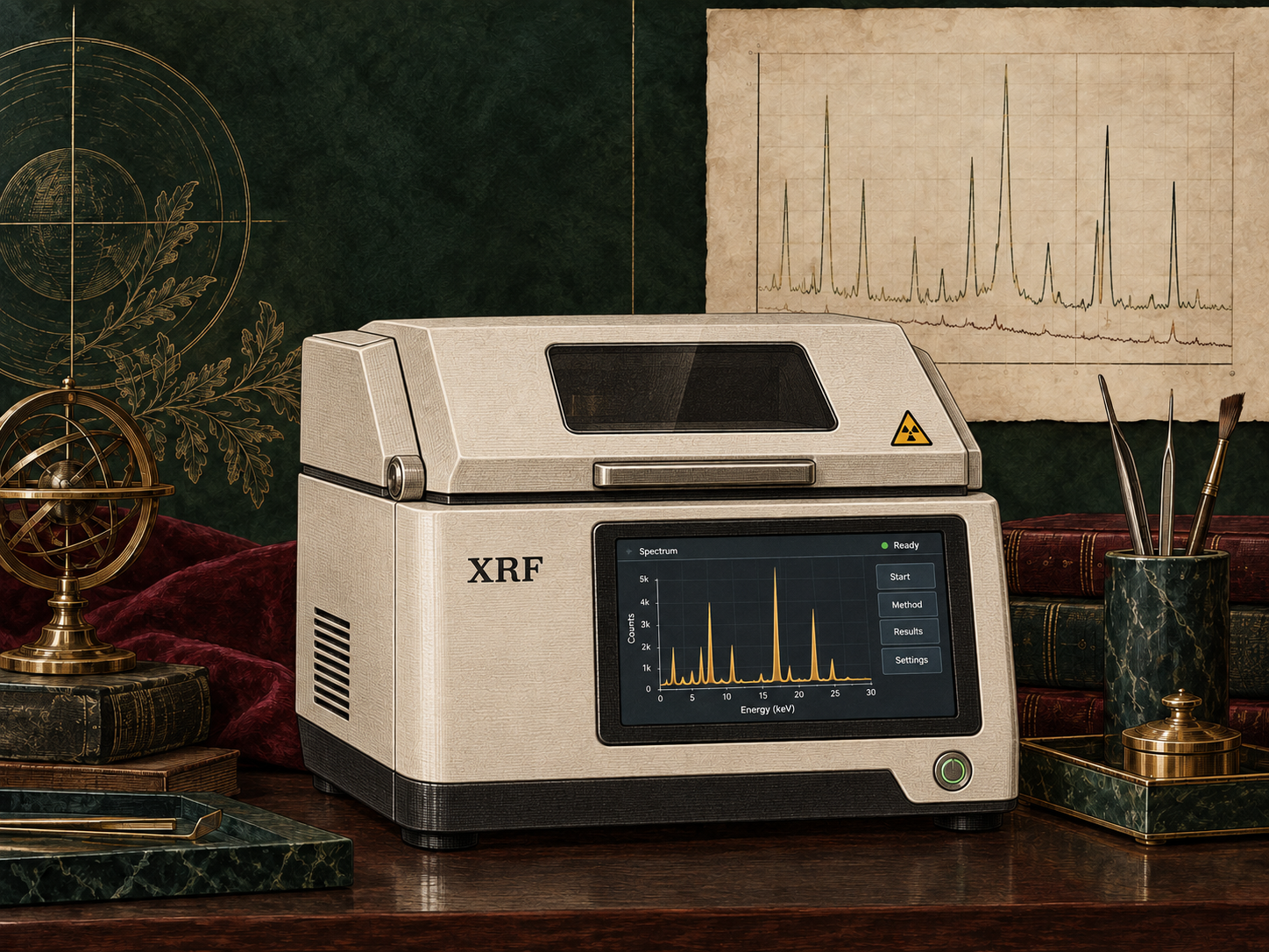 Editorial illustration of an XRF analyser and scientific documentation